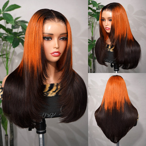 OQ HAIR Layered Straight Orange Highlight Brown Natural Blend Color Pre-cut 7x5 Lace Wear Go Glueless Wig With Adjustable Drawsting
