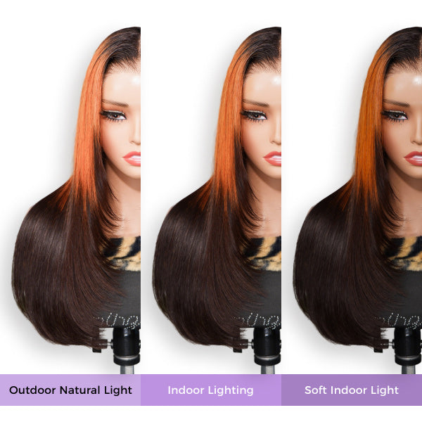 OQ HAIR Layered Straight Orange Highlight Brown Natural Blend Color Pre-cut 7x5 Lace Wear Go Glueless Wig With Adjustable Drawsting