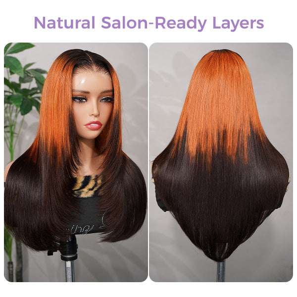 OQ HAIR Layered Straight Orange Highlight Brown Natural Blend Color Pre-cut 7x5 Lace Wear Go Glueless Wig With Adjustable Drawsting