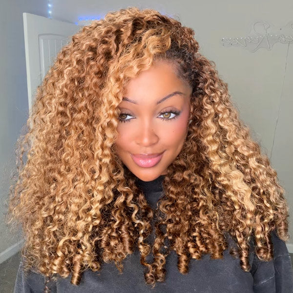 TikTok Viral Burmese Curly Highlight 4/27 Color 3-In-1 Half Wig Human Hair Wear Go Glueless Wig With Drawstring Spiral Curly Ends