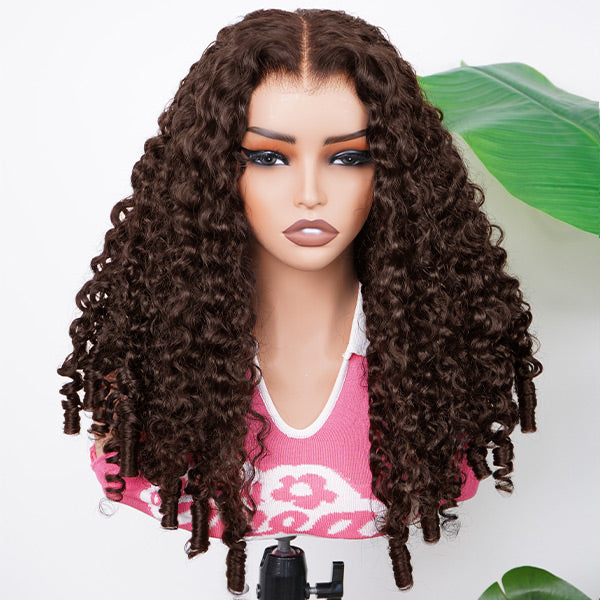 OQ HAIR Burmese Curly Glueless Wig Chocolate Brown Color Pre Cut 9x6 Lace Wear Go Wig With Elastic Drawstring