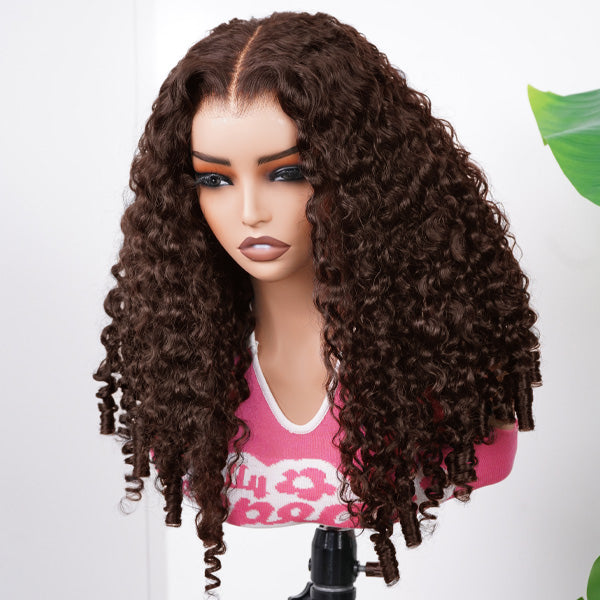 OQ HAIR Burmese Curly Glueless Wig Chocolate Brown Color Pre Cut 9x6 Lace Wear Go Wig With Elastic Drawstring