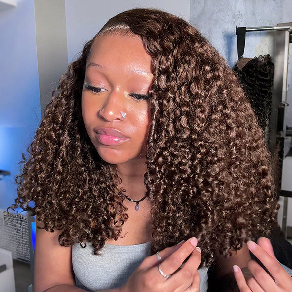 OQ HAIR Burmese Curly Glueless Wig Chocolate Brown Color Pre Cut 9x6 Lace Wear Go Wig With Elastic Drawstring