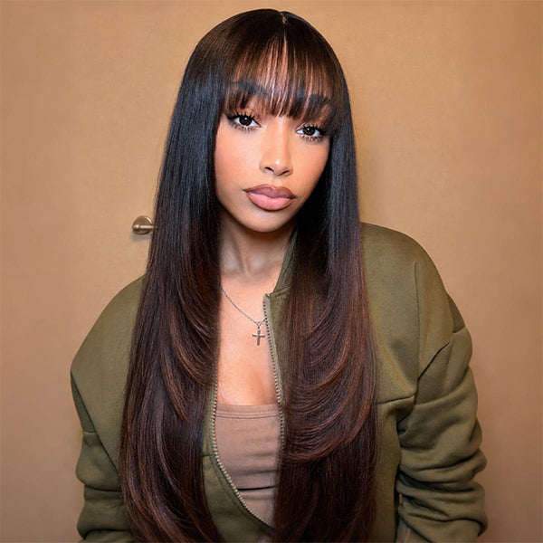 OQ HAIR 1B Brown Ombre Straight Glueless Wear Go Layered Wig With Bangs Secure Cap Beginner Friendly