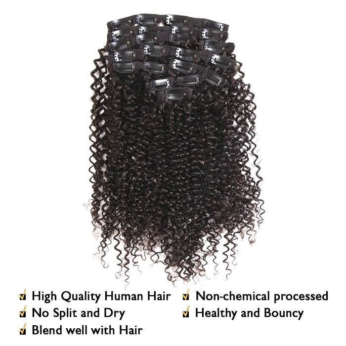OQHAIR Kinky Curly Clip In Extension Human Hair Natural Black Color