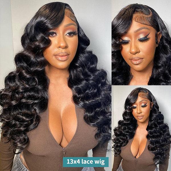 Brazilian Virgin Loose Wave Human Hair Pre plucked Lace Front Wigs Natural Black