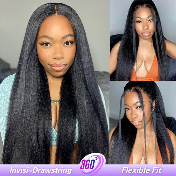 OQ Hair Yaki Straight Invisi-Drawstring Flexible Fit 360 Glueless Wig Pre-Cut Lace Pre Bleached Knots