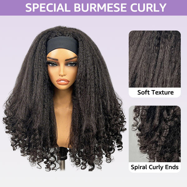 OQ HAIR Kinky Straight Burmese Curly Headband Wig Glueless Install Human Hair Wig