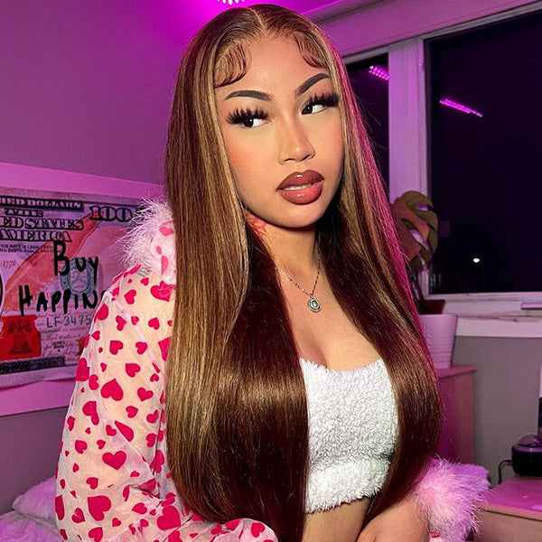 Balayage Highlights 13x4 Lace Front Wigs Ombre Highlight Brown Colored Human Hair Wear Go Wigs