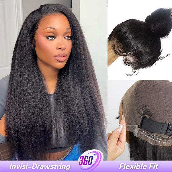 OQ HAIR Kinky Straight Invisi-Drawstring Flexible Fit 360 Lace Front Glueless Wig With Bleached Knots
