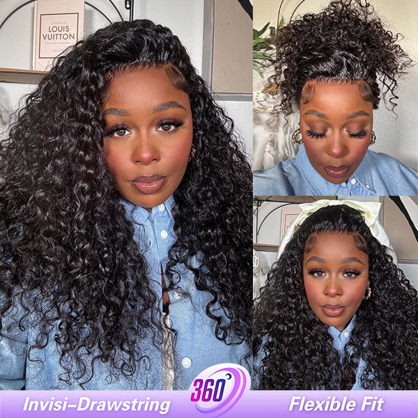 OQ Hair Water Wave Invisi-Drawstring Flexible Fit 360 Lace Frontal Glueless Wig With Bleached Knots