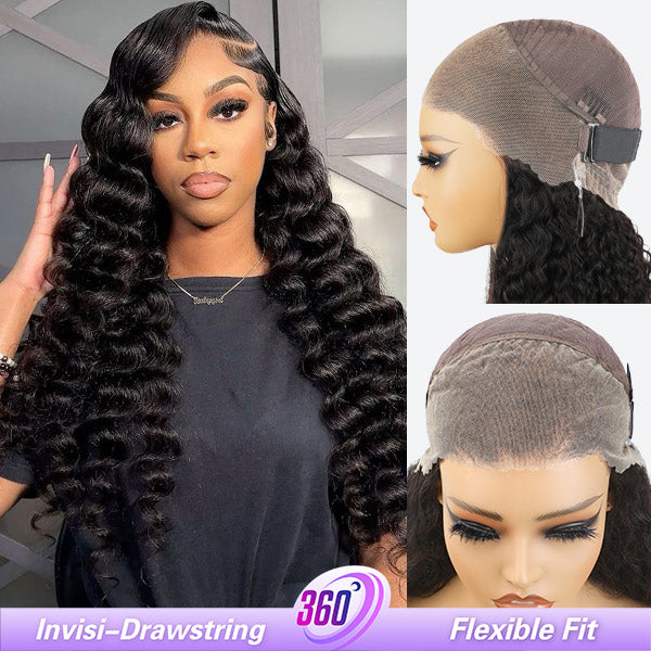 OQ Hair Loose Deep Invisi-Drawstring 360 Lace Glueless Wig Bleached Knots Human Hair Wig