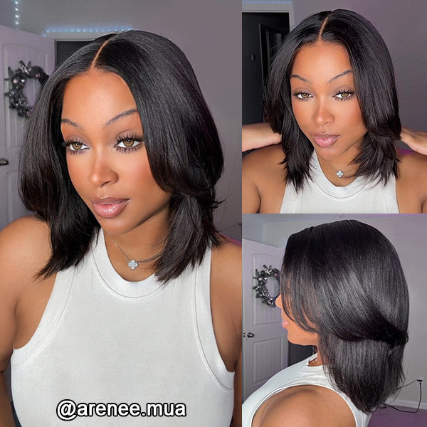 OQ HAIR Glueless Layered Yaki Straight Bob Wear Go Wig Pre-Cut 9x6 T Part Lace With Snug Fit Drawstring