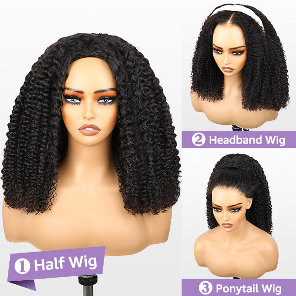 3 In 1 Half Wig | Afro Curly Flexible Fit Half Wig With Drawstring Natural Hairline Beginner Friendly