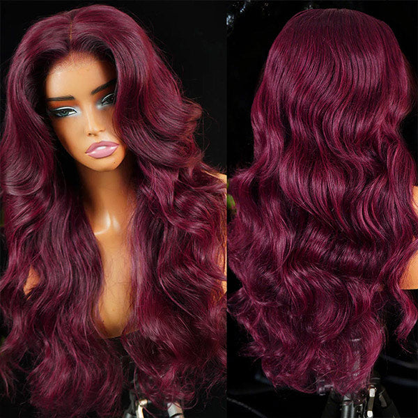 OQ HAIR Layered Cut Body Wave Burgundy 99J Color Wear Go Glueless Wig Salon Hairstyle