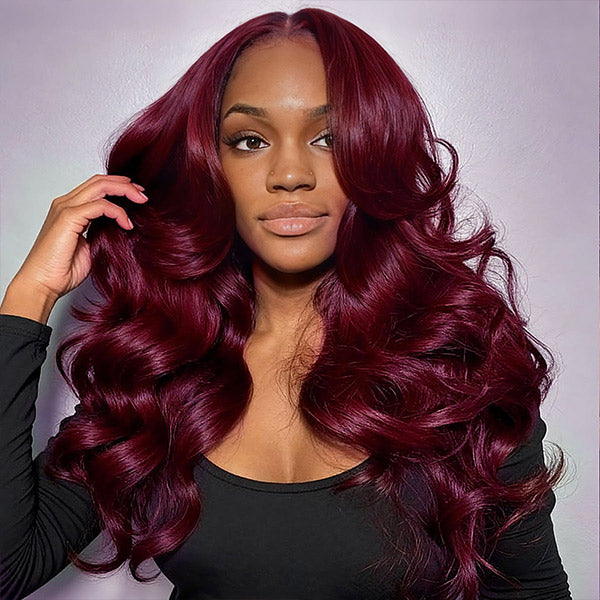 OQ HAIR Layered Cut Body Wave Burgundy 99J Color Wear Go Glueless Wig Salon Hairstyle