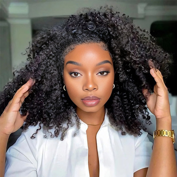 3 In 1 Half Wig | Afro Curly Flexible Fit Half Wig With Drawstring Natural Hairline Beginner Friendly