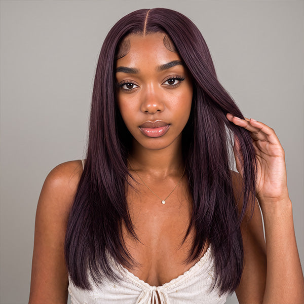 Dark Plum Color Pre Layered Straight Glueless Wear Go Human Hair Wig Beginner Friendly Pre Cut Lace