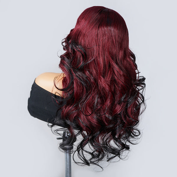 OQ HAIR Layered Body Wave Glueless Burgundy 99J To Black Ombre Color Pre-Cut 13x6 Lace Wear Go Glueless Wig With Flexible Fit Drawstring