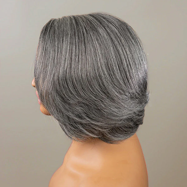 OQ HAIR Salt And Pepper Layered Bob Wear Go Glueless Wig Pre-Cut C-Shaped 7x5 Lace Flexible Fit Drawstring