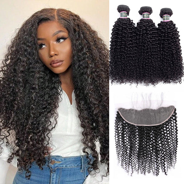 Kinky Curly Human Hair 3 Bundles with 13*4 Lace Frontal Natural Black