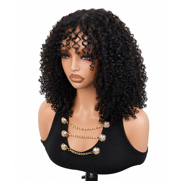 OQ HAIR Afro Kinky Curly Glueless Wig With Bangs Wear Go Protective Style Quality Human Hair Wig