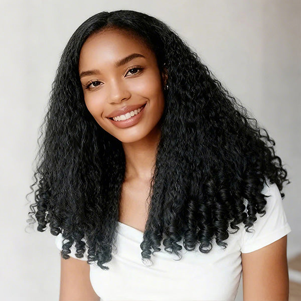 3 In 1 Half Wig | Glueless Kinky Straight Burmese Curl Elastic Drawstring Wear Go Half Wig With Yaki Spiral Curls