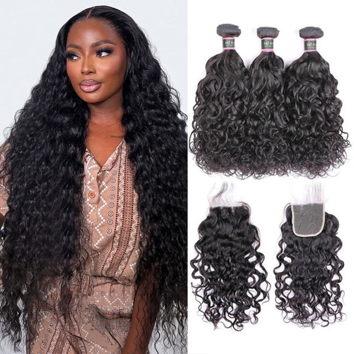 Natural Wave Virgin Human Hair 3 Bundles With 4x4 Lace Closure
