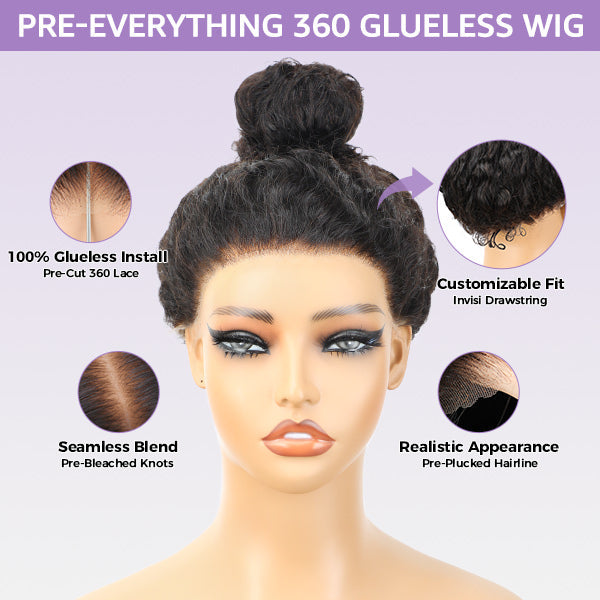 OQ Hair Ocean Wave 360 Glueless Wig Bleached Knots With Invisi-Drawstring Adjustable Size