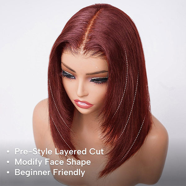 OQ HAIR Layered Yaki Straight Reddish Brown Color Drawstring Cap Wear Go Glueless Wig Natural Salon Finish