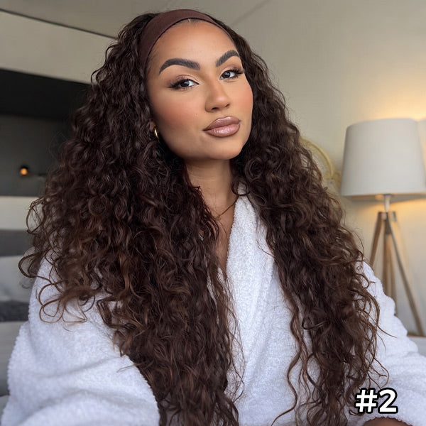 OQ HAIR Curly Wave Headband Wig Human Hair Brazilian Deep Wave Machine Made Wigs With Head Band No Glue Scarf Wig