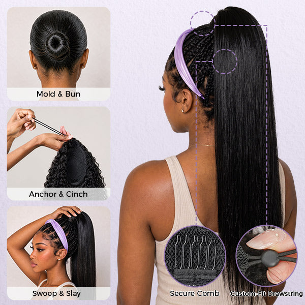 Straight Ponytail With Clip In 100% Human Hair Wrap-around With Drawstring Ponytail Extension Quality Hair
