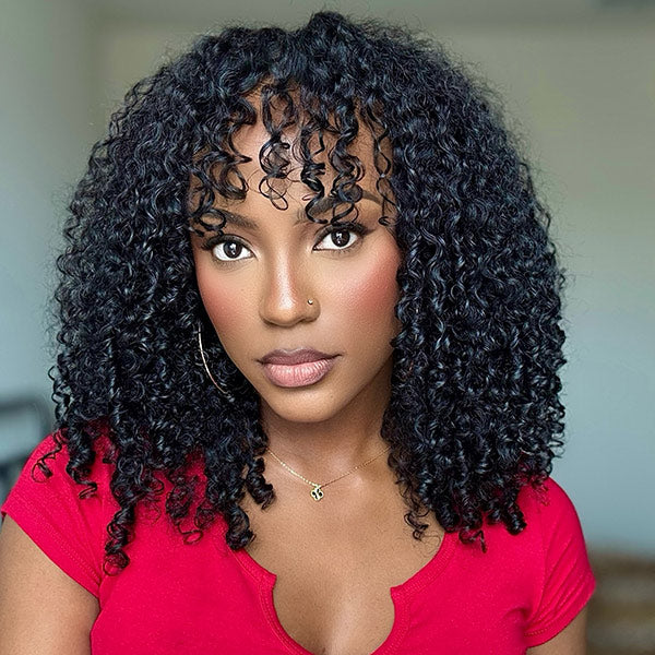 Burmese Curly Glueless Wig Natural Look No Leave Out Easy Install V Part Wig With Elastic Drawstring