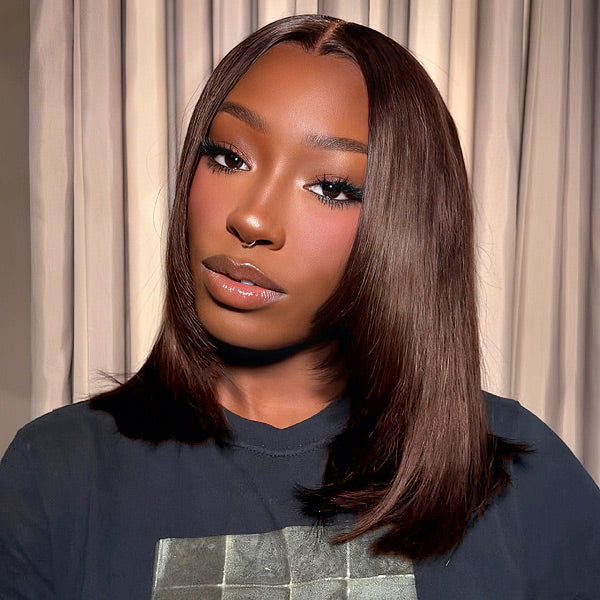 OQ HAIR Chocolate Brown Color Glueless Layered Cut Yaki Straight Pre-Cut 7x5 Wear Go Wig With Drawstring Cap