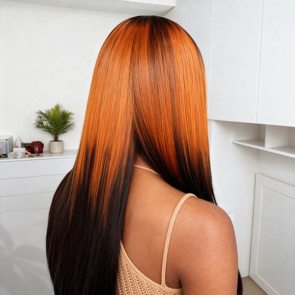 OQ HAIR Layered Straight Orange Highlight Brown Natural Blend Color Pre-cut 7x5 Lace Wear Go Glueless Wig With Adjustable Drawsting