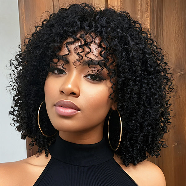 OQ HAIR Afro Kinky Curly Glueless Wig With Bangs Wear Go Protective Style Quality Human Hair Wig