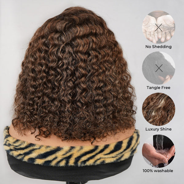 OQ HAIR Water Wave Bob Wig Blonde Highlight Chocolate Brown Pre-cut 7x5 Lace Snug Fit Wear Go Glueless Wig