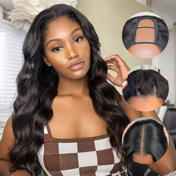 Glueless Body Wave U Part Wig Human Hair Seamless Blend Wear Go Wig With Elastic Drawstring