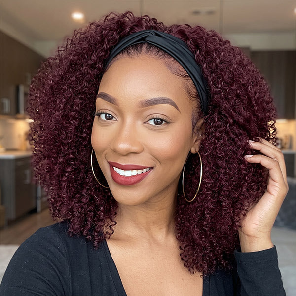 OQ HAIR Afro Curly Headband Wig No Gel No Glue Human Hair Glueless Wig With Scarf