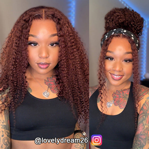 Kinky Curly Reddish Brown Wear Go Glueless Wig Pre-cut 7x5 Lace Wig Pre-plucked Hairline