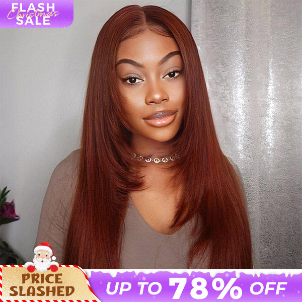 OQ HAIR Reddish Brown Color Layered Cut Silk Straight Glueless Wig Pre Cut 7x5 Lace Wear Go Wig