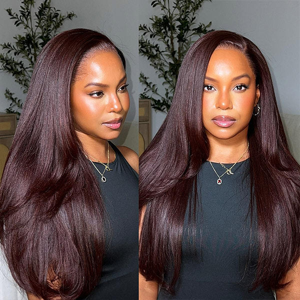 OQ HAIR Blackcurrant Brunette 7x5 Layered cut Straight Glueless Wig With Drawstring Human Hair Dark Burgundy Color Pre Bleached Tiny Knots Wear Go Wig Beginner Friendly