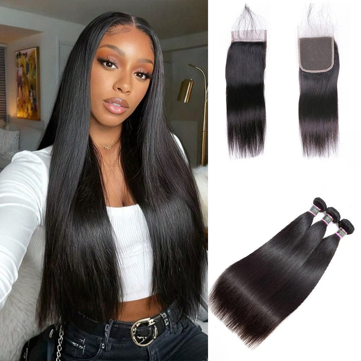 Straight Hair Virgin Human Hair 3 Bundles With 4x4 Lace Closure