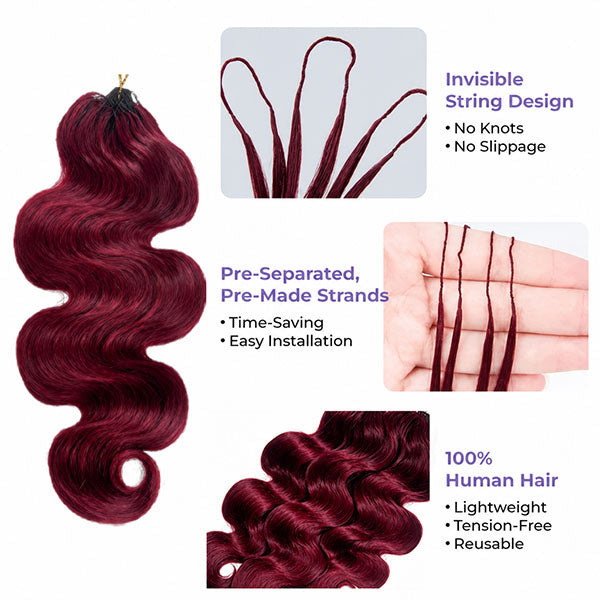 Pre-sale | OQ HAIR Breathable 99J Burgundy Body Wave Human Hair for Crochet Micro Ring Loop Styles