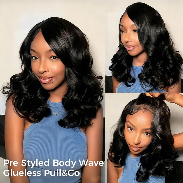 OQ HAIR Pre Styled C Part Layered Body Wave Snug Fit Drawstring Wear Go Glueless Wig Pre-Cut 9x6 Lace Bleached Knots