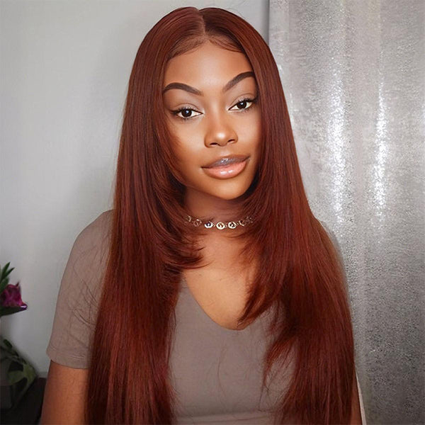 OQ HAIR Reddish Brown Color Layered Cut Silk Straight Glueless Wig Pre Cut 7x5 Lace Wear Go Wig