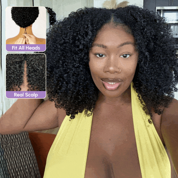 Afro Curly V Part Wig No Leave Out Thin Part Glueless Wigs Human Hair Wig 180% Density