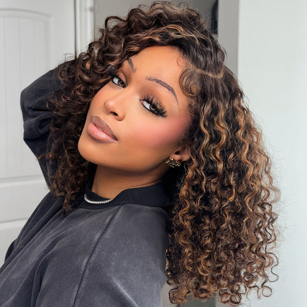 OQ HAIR Balayage Highlight Ombre Brown Water Wave Wear Go Glueless Wig With Natural Hairline