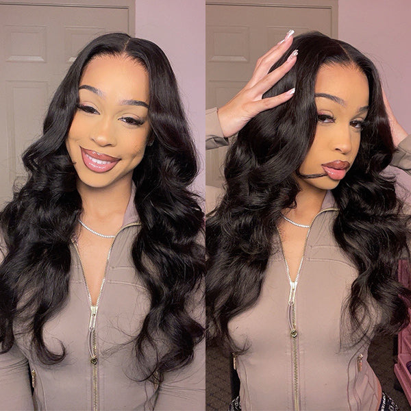 OQ HAIR Layered Glueless Body Wave Face-Framing Curtain Bangs Pre-Cut 7x5 HD Lace Wear Go Wig Bleached Knots