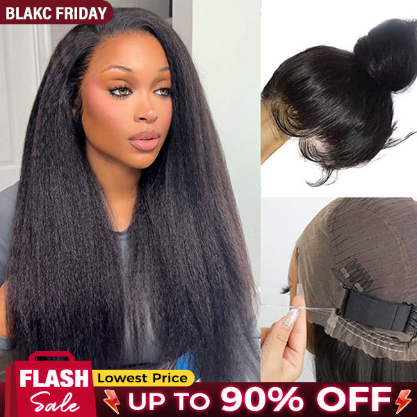 OQ HAIR Kinky Straight Invisi-Drawstring Flexible Fit 360 Lace Front Glueless Wig With Bleached Knots